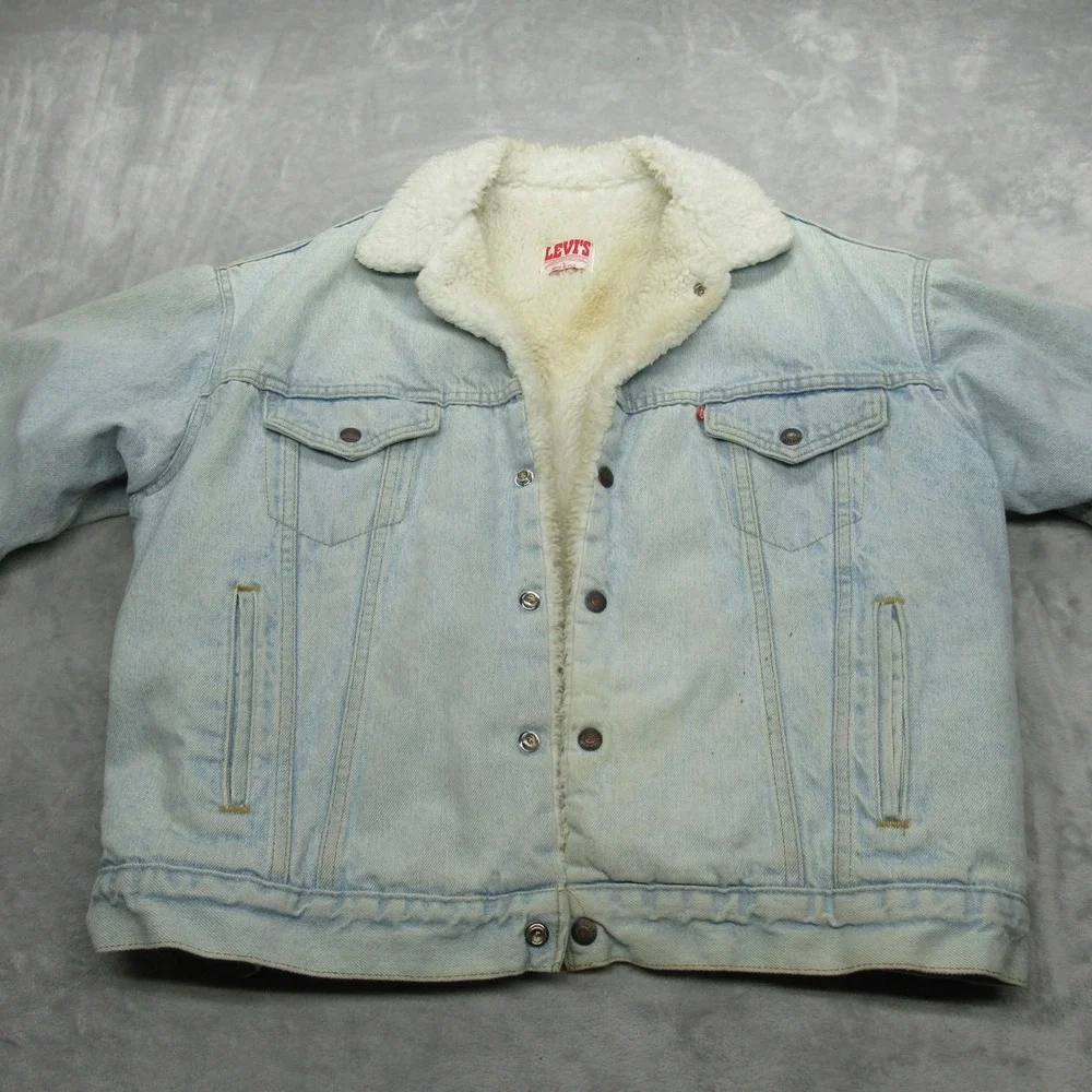 Levis Jacket Mens Large Light Wash Sherpa Lined Trucker USA VTG 80's FADE‎ Rare - Picture 9 of 15